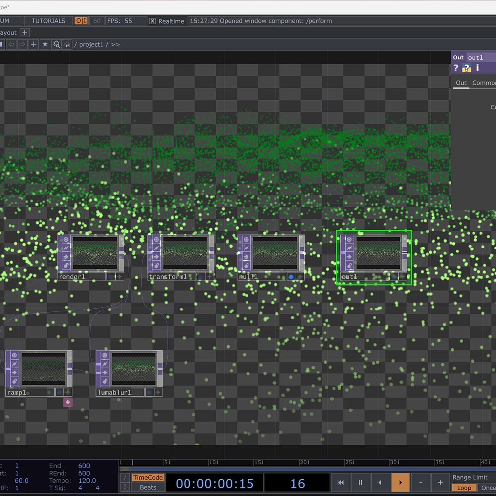 Meanwhile, Sanren was testing on TouchDesigner that we are planning to use for our project, she tried to figure out the visuals that we could create through this application, and looking over on different tutorials online. The image shows that she made a visualization by following one of the tutorial that she found on website.